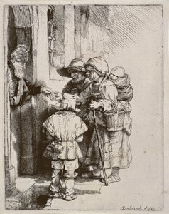 Tiggere, der modtager almisse ved døren til et hus, 1648 (tørpunktsgravering)