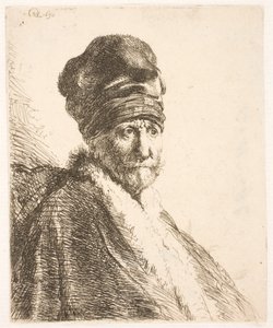 Buste af en mand (Rembrandts far) iført en høj hue, set i trekvartprofil af Rembrandt van Rijn