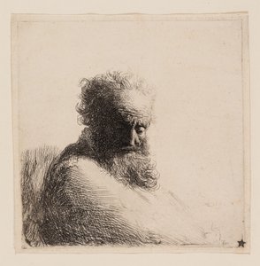 Buste af en gammel skægget mand, ser ned, tre fjerdedele til højre af Rembrandt van Rijn