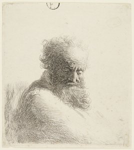 Buste af en ældre mand, der ser nedad, set i trekvartprofil til højre af Rembrandt van Rijn