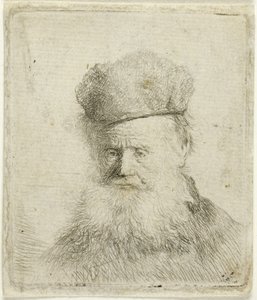 Buste af en gammel mand med en pelshue og flydende skæg, næsten fuld ansigt af Rembrandt van Rijn
