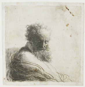 Buste af en gammel skægget mand, der kigger ned, tre kvarter til højre af Rembrandt van Rijn