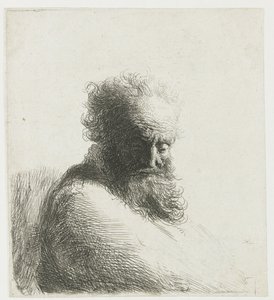 Buste af en gammel skægget mand, der kigger ned, tre kvarter til højre af Rembrandt van Rijn