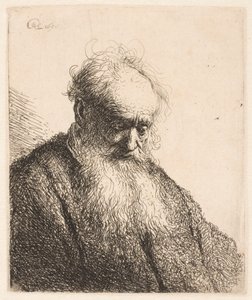 Buste af en gammel mand med et fyldigt skæg: hovedet er vendt tre fjerdedele mod højre af Rembrandt van Rijn