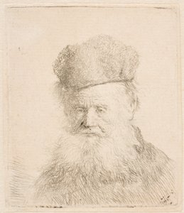 Buste af en gammel mand med pelshue og langt skæg: næsten i fuld ansigtsprofil: blikket rettet fremad af Rembrandt van Rijn