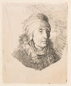 Buste af en ældre kvinde med en høj hovedbeklædning, der er bundet fast omkring hagen af Rembrandt van Rijn