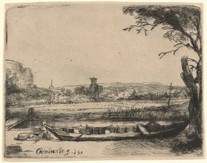 Kanal med stor båd og bro af Rembrandt van Rijn