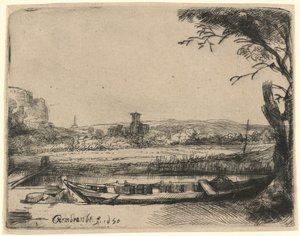 Kanal med en stor båd og en bro af Rembrandt van Rijn
