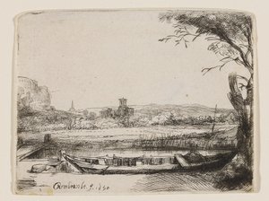 Kanal med en stor båd og en bro af Rembrandt van Rijn