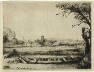 Kanal med en stor båd og en bro af Rembrandt van Rijn