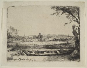 Kanal med en stor båd og en bro, 1650. af Rembrandt van Rijn