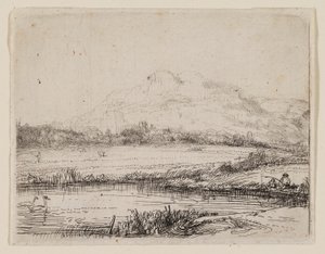 Kanal med en lystfisker og to svaner af Rembrandt van Rijn