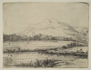 Kanal med en lystfisker og to svaner, 1650. af Rembrandt van Rijn