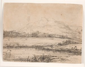 Kanal med en lystfisker og to svaner af Rembrandt van Rijn