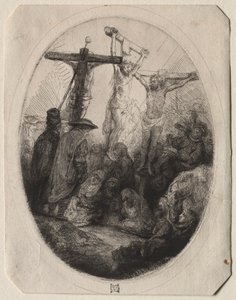 Kristus korsfæstet mellem to tyve: En oval plade af Rembrandt van Rijn