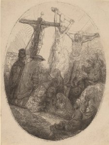 Kristus korsfæstet mellem de to tyve: en oval plade, ca. 1641. af Rembrandt van Rijn