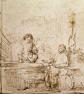Kristus og Samarias kvinde (pen og brunt blæk på papir) af Rembrandt van Rijn