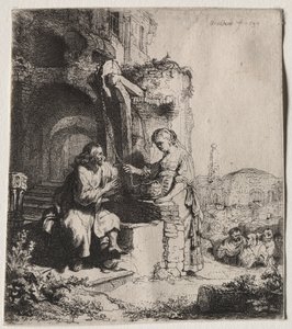 Kristus og kvinden i Samaria blandt ruiner af Rembrandt van Rijn
