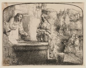 Kristus og Samarias kvinde: Et buet tryk af Rembrandt van Rijn