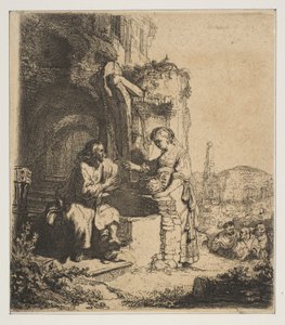 Kristus og Samarias kvinde blandt ruiner. af Rembrandt van Rijn