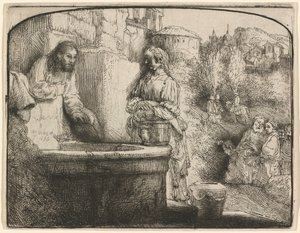 Kristus og kvinden fra Samaria: et tryk med buet motiv af Rembrandt van Rijn