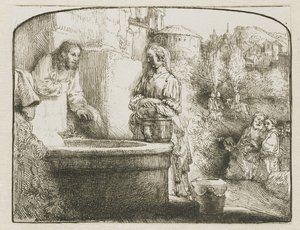 Kristus og kvinden i Samaria: et buet tryk af Rembrandt van Rijn