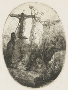 Kristus korsfæstet mellem de to tyve: en oval plade af Rembrandt van Rijn