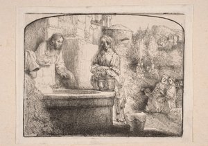 Kristus og den samaritanske kvinde (Komposition afsluttet øverst med en bue) af Rembrandt van Rijn
