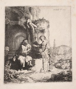 Kristus og den samaritanske kvinde blandt ruinerne (lodret illustration) af Rembrandt van Rijn
