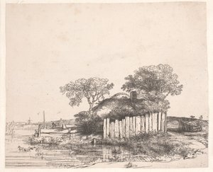 Hytte med et hvidt stakit af Rembrandt van Rijn