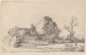 Hytter og landbrugsbygninger med en mand, der tegner af Rembrandt van Rijn