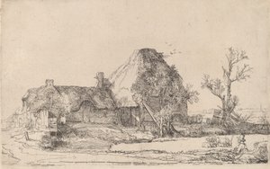 Hytter og landbrugsbygninger med en mand, der tegner, ca. 1645. af Rembrandt van Rijn