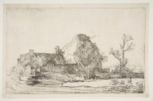Hytter og landbrugsbygninger med en mand, der tegner, ca. 1645. af Rembrandt van Rijn