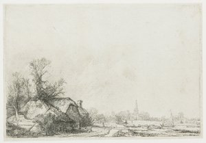 Hytter ved en kanal: Udsigt over Ouderkerk aan de Amstel af Rembrandt van Rijn