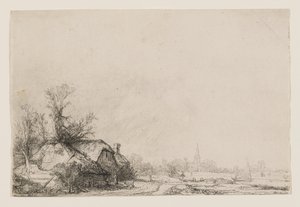 Hytter ved en kanal med en kirke og en sejlbåd af Rembrandt van Rijn