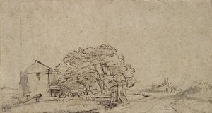 Gårdsbygning ved siden af en vej med fjerntliggende bondegård, 1650-69 (pen & brun blæk med grå vask på papir) af Rembrandt van Rijn