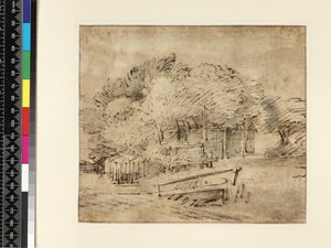 Bondegård under træer, med en gangbro, ca. 1650 (pen og blæk med vask på papir) af Rembrandt van Rijn