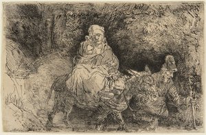 Flugten til Egypten: Den hellige familie krydser en bæk af Rembrandt van Rijn