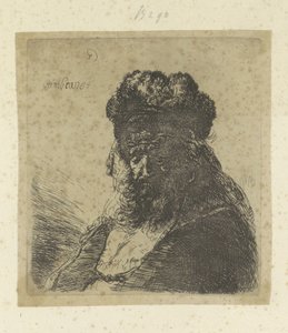 Skægget gammel mand med høj pelshat og lukkede øjne Recueil de quatre-vingt-cinq estampes originales (serietitel) af Rembrandt van Rijn