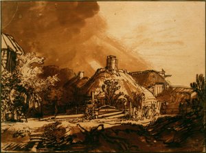 Huse under en stormfuld himmel af Rembrandt van Rijn