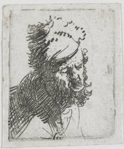 Hovedet af en mand med en pelshue, der råber af Rembrandt van Rijn