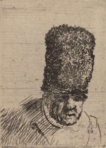 Hoved af en gammel mand i høj pelshue. af Rembrandt van Rijn