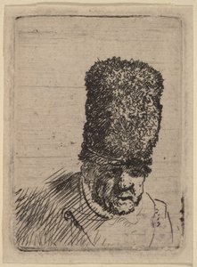 Hovedet af en gammel mand med en høj pelshue af Rembrandt van Rijn