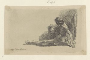 Ung mand sidder på gulvet med det ene ben strakt Recueil de quatre-vingt-cinq estampes originales (serietitel) af Rembrandt van Rijn