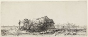 Landskab med hytter og en høstak af Rembrandt van Rijn