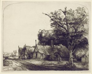 Landskab med gavlhuse ved siden af en vej, 1650 (ætsning og tørnål på papir) af Rembrandt van Rijn
