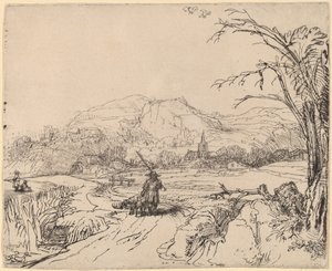 Landskab med sportsmand og hund af Rembrandt van Rijn