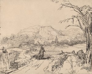 Landskab med sportsmand og hund, ca. 1653. af Rembrandt van Rijn