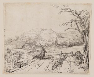 Landskab med sportsmand og hunde af Rembrandt van Rijn