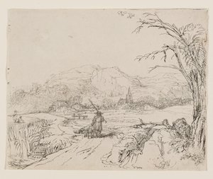 Landskab med jæger og hunde af Rembrandt van Rijn